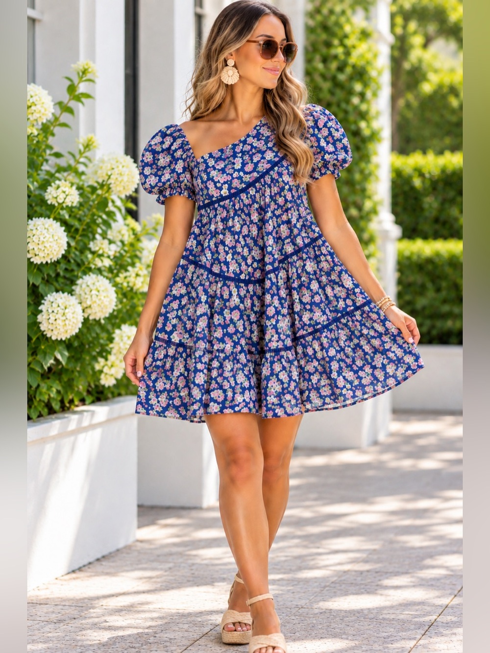 Fanco Blue Pink Floral One Shoulder Puff Sleeve Asymmetrical Babydoll Mini Dress